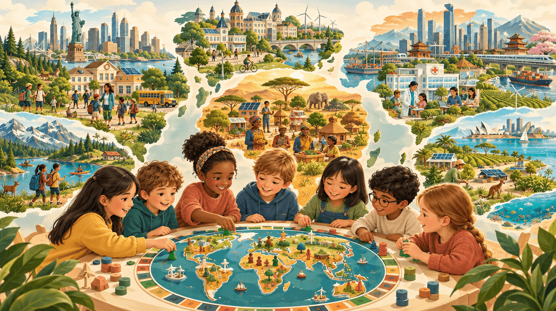Illustrazione panoramica di bambini attorno a una mappa dei cinque continenti, tra comunità e paesaggi diversi.